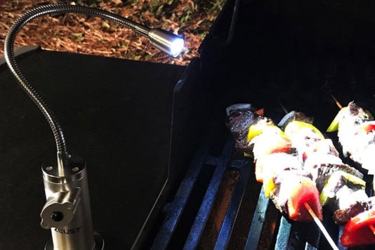 Zeust Capella Barbecue Grill Light shining on skewers on a grill.
